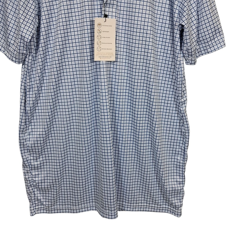 Collars & Co Men Polo Shirt Large Tall Blue Tattersall Semi Spread Collar Office - Picture 5 of 16